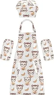 AIXIWAWA Kids Apron Chef Hat Set, Child Kitchen Bib Aprons Adjustable for Cooking Baking Painting (Cute Banana Monkeys)