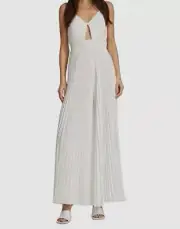 $495 Alice + Olivia Women's White Pleated V-Neck Chain-Strap Jumpsuit Size 2