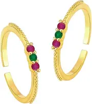 [Aheli] Gold Plated Rani Pink Green Cubic Zirconia Studded Fancy Toe Ring Adjustable Bichiya Fashion Jewellery for Women Design 1, Metal, No Gemstone