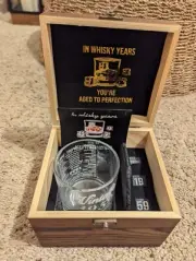 Birthday Gifts for Men, Vintage 1959 Whiskey Glass Set, Wood Box & Coaster