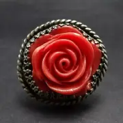 Gregory Segura SANTA FE ARTISAN Sterling Silver RING Hand Carved Dyed Coral Rose