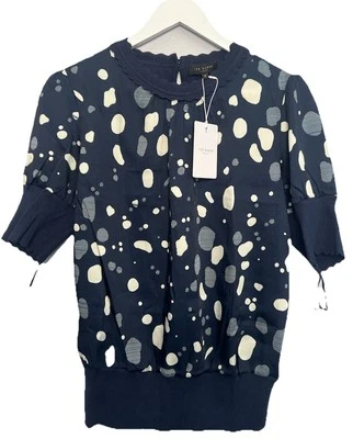 Ted Baker (2) UK 10/12 Blue White Silky Spot Front Shiann Top Rrp £110 New