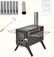 Ruaizel Portable Carbon Steel Firewood Stove, Camping Wood Stove with Chimney Pipes, Foldable Camping Stove, Hot Tent Stove for Cooking Heating Drying Clothes