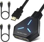 HDMI Splitter 1 in 2 Out for Dual Monitors - Supports 4K 3D Full HD 1080P - Compatible With PS4/PS3/Blu-Ray Player/MacBook/HDTV (Includes 2 HDMI Cables)