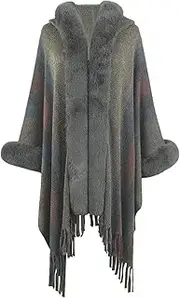 [BAILEYU] Hooded Cape Coat Female Striped Knitted Tassel Shawl Poncho Oversize Faux Fur Warm Cardigan Sweater Cloak,Gray,One Size