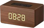 Wooden Wireless Alarm Clock Home Theater Bluetooth Speaker Support AUX TF Card FM Radio Box Player,Dark Brown