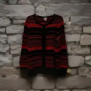 Chico's Size 2 L Cardigan Sweater Black, Red Sequin~Metallic~Fringe Accents