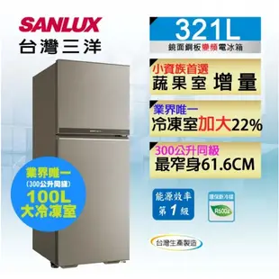 SR-C321BV1B【SANLUX台灣三洋】 321L 一級能效 變頻雙門冰箱