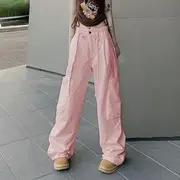 Drawstring High-Waist Straight-Cut Cargo Pants Pink - XL