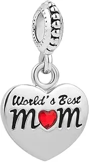 [SBI Jewelry] World Best Mom Charm Jewellery Compatible with Pandora Charm Bracelet Women Girls Love Red CZ Heart Silver Dangle Mother Daughter Birthday Anniversary, No Gemstone