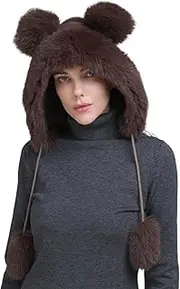[YEKEYI] Womens Faux Fur Knitted Hat with Pompom Warm Skull Snow Cap Ear Cover Winter Imitation Fox Fur Beanie Hat