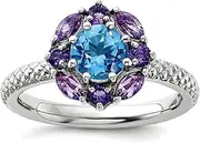 [Stackable Expressions] 2.5mm 925 Sterling Silver Polished Prong set Stackable Amethyst and Blue Topaz Ring Size 5-Stackable-Ring for Women
