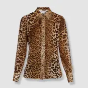 $990 Carolina Herrera Women's Brown Leopard Print Button-Up Shirt Top Size 6