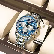 Men Quartz Watch Luxury Large Dial Business Luminous Calendar Date Week Waterproof Stainless Steel Watch