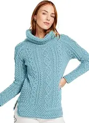 [Aran Woollen Mills] Carraig Donn - Ladies - 100% Soft Merino Wool - Cable Knit Sweeter Vented Roll Neck Irish Jumper, Misty Blue, X-Large