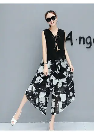 FINDSENSE G5 韓國時尚 夏季 連身裙 修身 顯瘦 短袖 雪紡 褲裙 兩件套 無袖 套裝