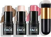RoseFlower 3pcs Face Contour Stick Makeup Set, Highlighter Stick Blush Stick Cream Contour Kit with Brush, Contouring Stick for Fair Skin, Concealer Makeup Stick for Beginner Women Teen Girls