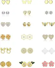 [JGUF] 12/18 Pairs Hypoallergenic Stainless Steel Stud Earrings for Girls Women Cute Pearl Ball CZ Heart Butterfly Flower Love Knot Stud Earrings Set for Teen Girls