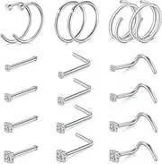 [Briana Williams] 18Pcs Nose Rings Studs Nose Studs Double Hoop Nose Ring for Women Men 18G Nose Rings Stud Surgical Stainless Steel Nose Nostril Body Piercing Jewelry 1.5mm 2mm 2.5mm 3mm Clear CZ