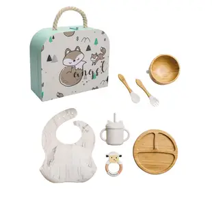 兒童竹木餐具套裝 寶寶輔食餐具 矽膠圍兜餐盤吸盤 嬰兒碗吸管杯叉勺套裝