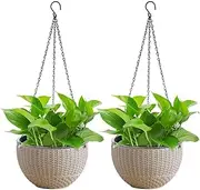 SpringUp 2 Pack 10.2 Inch Hanging Planters for Indoor Outdoor Plants, Trendy Rattan Design Hanging Flower Pots with Drain Holes, Plant Containers for Garden,Home Decoration,Gift (Khaki)