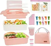 Bento Lunch Box Set, 1000ML Stackable Lunch Container Includes Lunch Bag, Leak-Proof Large Bento Box Cup with Lunch Bag Spoon Fork for Picnic Travel Adults, Pink