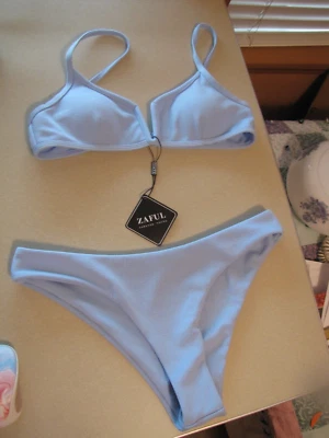 Zaful Cheeky bikini size 8, light Blue Ribbed, Padded top, NWT
