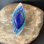 Native Navajo Blue Lapis Lazuli & Opal Sterling Silver Inlay Ring Size 10 12846