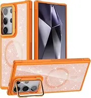 [ATISIJIE] Magnetic Case for Samsung Galaxy S23 Ultra with Kickstand, Glitter Transparent Acrylic Hard Mobile Phone Case Shockproof Protective Bumper Cover for Women and Girls Orange