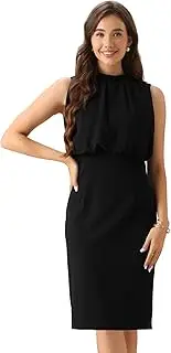 [Allegra K] Women's Business Dresses Sleeveless Collar Round Neck Midi Bodycon with Patchwork Dress with Drape Front