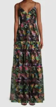 $350 Aidan By Aidan Mattox Womens Black V-Neck Tiered Lace Maxi Dress Size 2