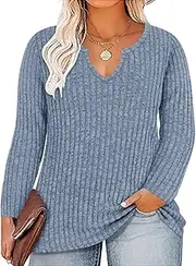 [Ritera] Plus Size V Neck Tops for Women Long Sleeve Side Split Lightweight Knitwear Solid Color Loose Casual Tunic Top XL-5XL