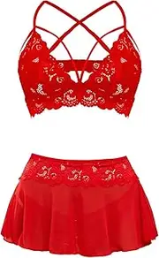 PITINAN Sexy Lingerie for Women Naughty 3 Piece Lace Bralette, Mini Skirt with G-String Crotchless Teddy Lingerie Set