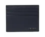 Prada Saffiano Mens Baltico Blue Credit Card Wallet Silver Logo