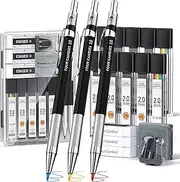 Four Candies 3PCS 2MM Mechanical Pencils with case, Artist Lead Pencil Metal Lead Holder with 120 Graphite Lead Refills(HB 2H 2B 4B Color), 4 Erasers, Sharpener, Drafting Pencil for Drawing, Sketching