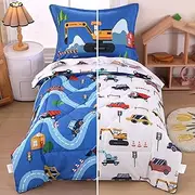 Wowelife Cars Toddler Bedding Set - 4 Piece Blue & White Kids Comforter Set with Comforter, Flat Sheet, Fitted Sheet and Pillowcase