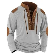 Men's Waffle Shirt T Shirt Tee Top Long Sleeve Shirt Long Sleeve Collar Spring Fall Color Block Vintage Designer Basic Lace up Patchwork Vacation Street Goin
