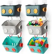 6 Pack Bath Toy Storage Organizer Basket, Plastic Wall Mounted Hanging Shower Caddy Shelf, Cute Robot Modeling Kitchen Rack with Hooks, No Drilling Colorful Toy Holder for Kids Bathtub Laundry