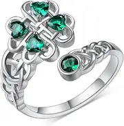 [Feijiesi] Four Leaf Clover Ring 925 Sterling Silver Adjustable Celtic Clover Ring Clover Jewelry Gifts for Women Girls St Patricks Day, Sterling Silver, Cubic Zirconia