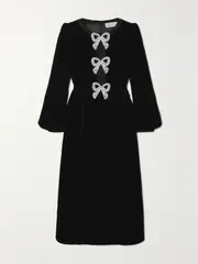 [Saloni] Saloni - Camille Bow-embellished Velvet Midi Dress - Black - UK 8 UK 8 Black