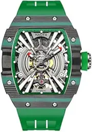 Haofa Automatic Mechanical Watch for Men Self-Wind Skeleton Wrist Watches Carbon Fiber Bezel Waterproof Sapphire Luminous Business Sport Mens Watch with Rubber Strap 1906 Green, Green