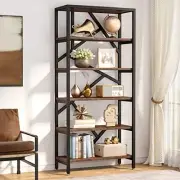 71 Inch Industrial Bookshelf, 6 Shelf Etagere Bookcase, Free Rustic Brown