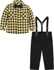 [Lilax] Boy Gentleman Suit Outfit Tuxedo Plaid Shirt + Bowtie + Suspender Pant Set