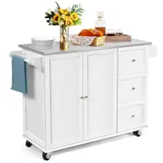 Costway Kitchen Trolley Cart Stainless Steel Rolling Serving Cart Shlef w/Drawers & Rack Utility Storage Cabinet White
