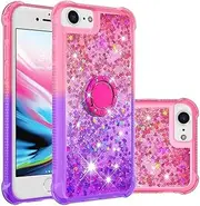 WVYMX Compatible with iPhone 7/iPhone 8 Case Women Girls Glitter Protector Bling Sparkle Liquid Quicksand Full Body Protective Case Cover with Ring Holder Pink/Purple
