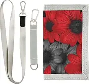 [miaozhen] Red and Black Daisies trifold credit card wallet for womans simple lighweight billfold with lanyard carteras para hombre, Red and black daisies, 1 size