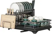 Dish Rack, 2-Tier Dish Drying Rack for Kitchen Counter, with 360°Rotating Drainer Board, Utensil Holder and Knife Slots, for Kitchen Storage & Organisation (Black)