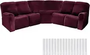 Peryiter 7 Pcs L Shape Sectional Recliner Sofa Covers 5 Seat Sectional Couch Covers Milk Silk Velvet Stretch Reclining Sofa Cover Sofa Slipcover Furniture Protector for Living Room (Wine Red,Velvet)