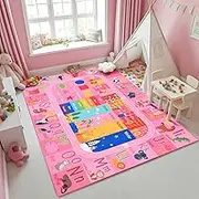 Pink Kids Rug for Playroom Classroom, ABC Alphabet Numbers Play Toddlers Rugs, 6x9 Learning Educational Bedroom Floor Mat, Washable Baby Carpet for Girls Room, Nursery, Preschool, Daycare