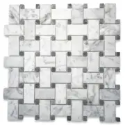 C657XH White Carrara Marble Basketweave Mosaic Tile Dark Gray Dots Honed